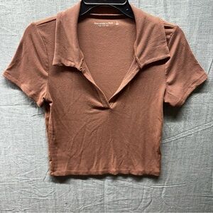 Abercrombie & Fitch Soft A&F Rib Cropped Polo Top Collared Brown Small S